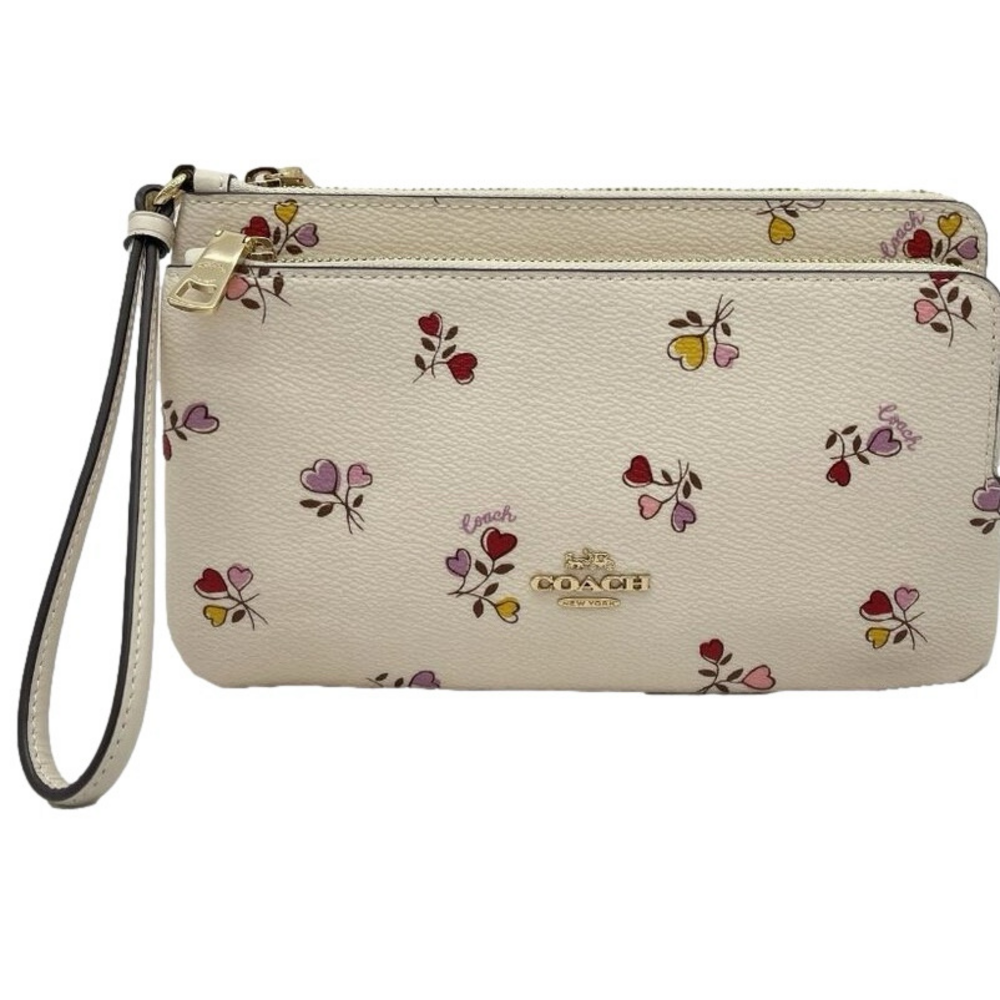 NEW COACH Women’s Double Zip Wallet with Heart Print Canvas CW969 Chalk Multi